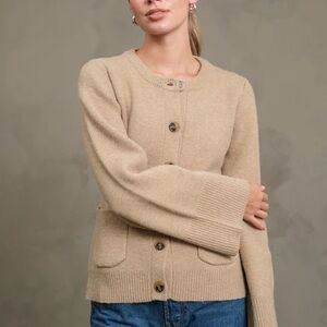 Neutral Tan Button-Front Crewneck Cardigan Sweater